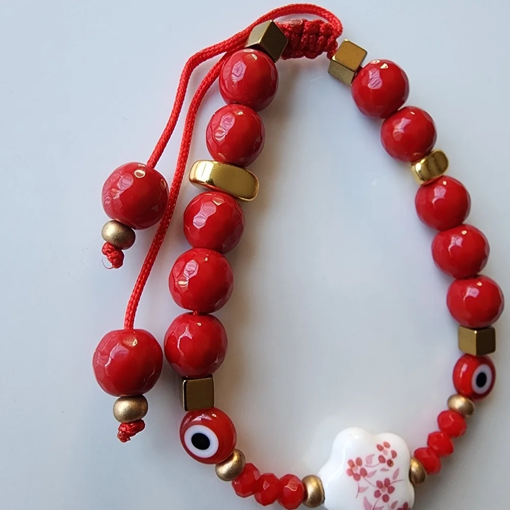 Red Beaded Bracelet with Floral Charm - Picture 2 of 4